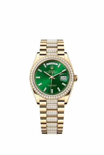 Rolex Day-Date 36 Yellow Gold - Diamond / Bright Green - Baguette / President - Diamond 128348RBR-0079 (m128348rbr-0079)